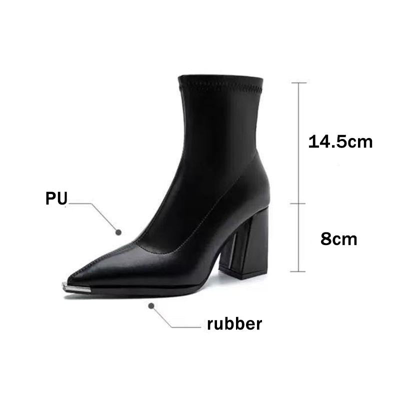 Brand Pu Black Ankle Boots 2025 Autumn French Retro Pointed Toe High Heel Chelsea Boots Metal Decoration Designer Short Booties