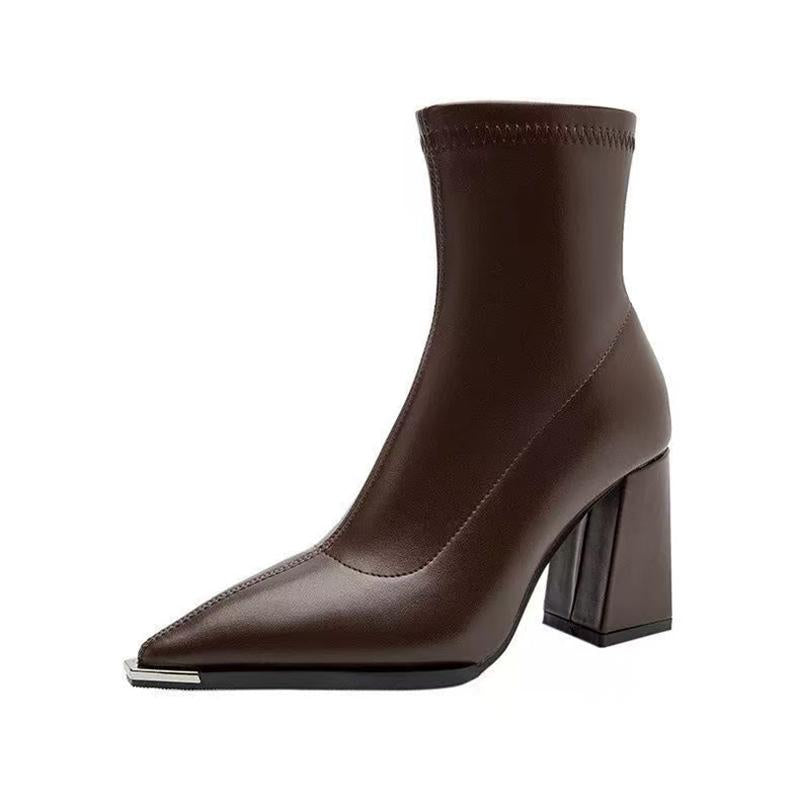 Brand Pu Black Ankle Boots 2025 Autumn French Retro Pointed Toe High Heel Chelsea Boots Metal Decoration Designer Short Booties