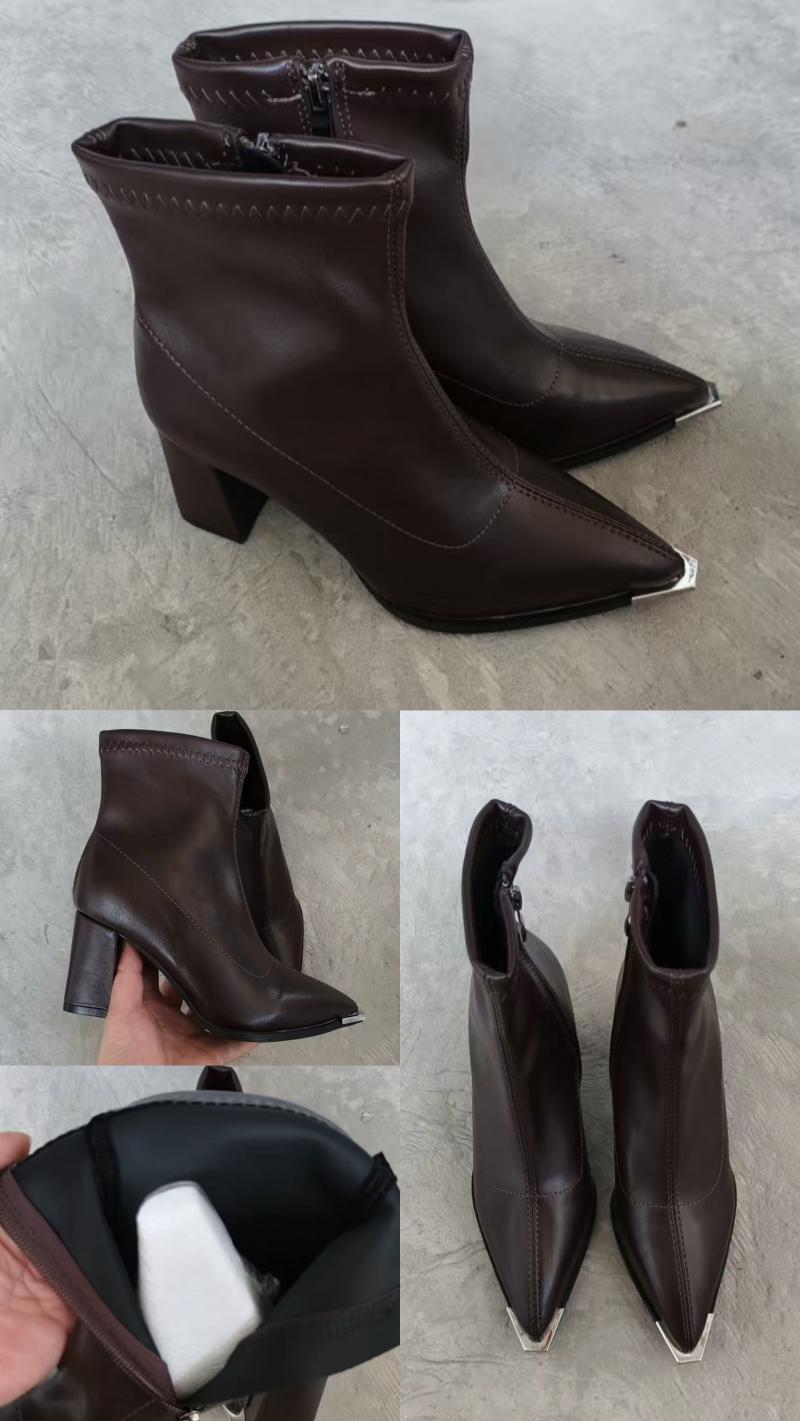 Brand Pu Black Ankle Boots 2025 Autumn French Retro Pointed Toe High Heel Chelsea Boots Metal Decoration Designer Short Booties