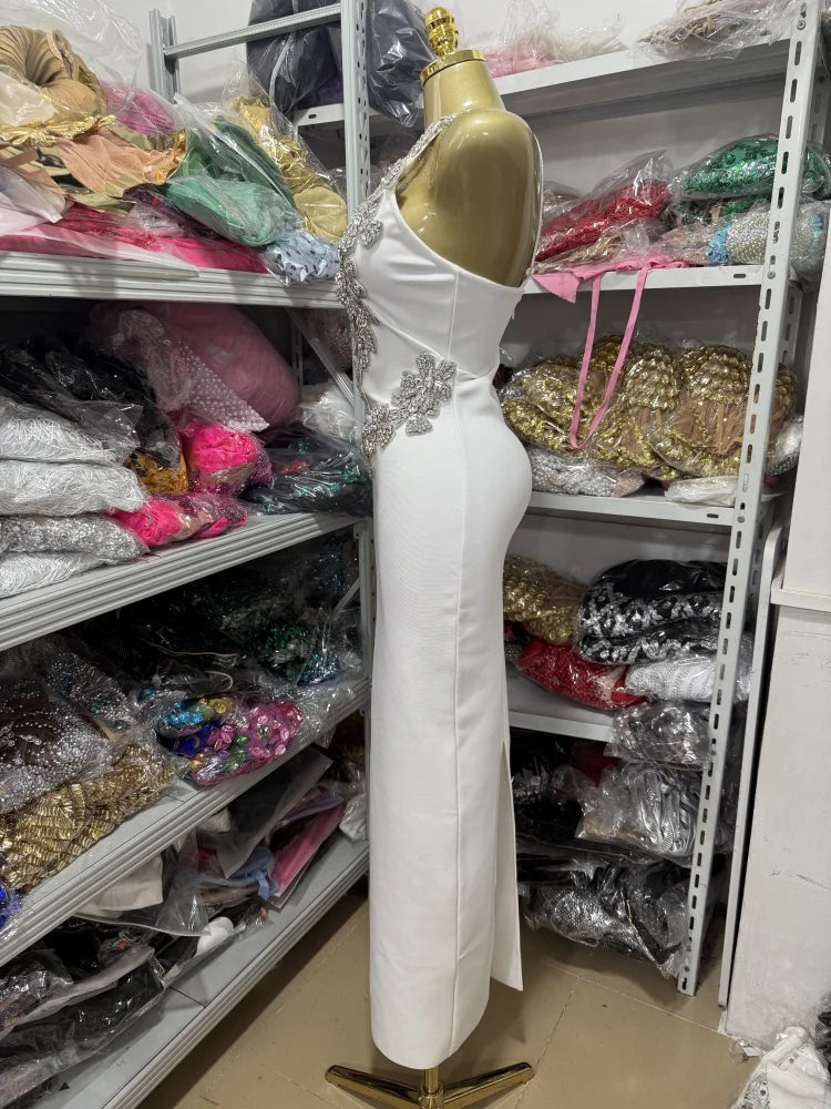 High-Quality Elegant White Off-Shoulder Beaded Hollow Long Wrap Dress Women's Party Gown Fashionable Trendy Bridal Dress