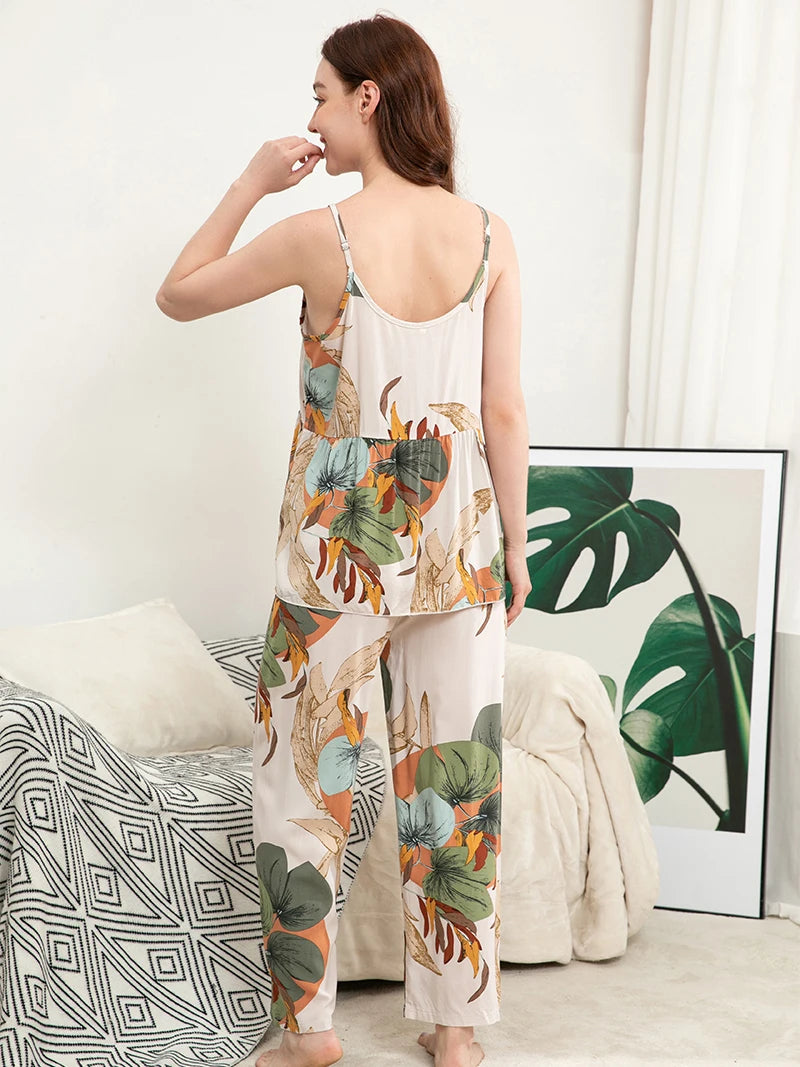 Plus Size S-XXXL  Floral Printed Women Sleepwear Ladies Loose Thin Homewear 2pcs Cami Pants Pajamas Set  Nightwear