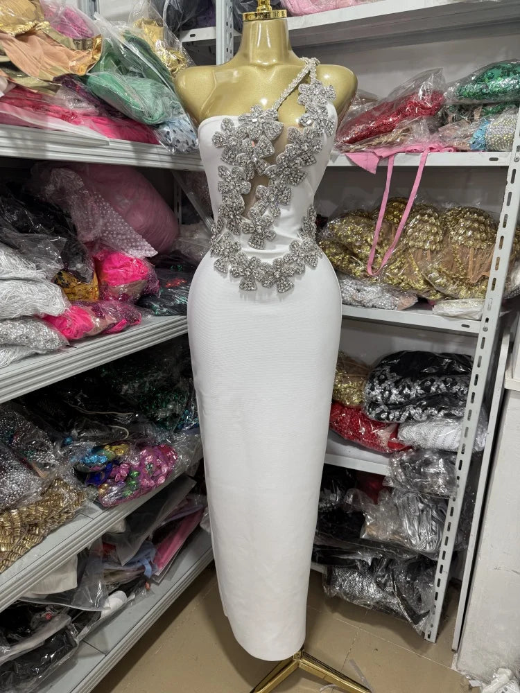 High-Quality Elegant White Off-Shoulder Beaded Hollow Long Wrap Dress Women's Party Gown Fashionable Trendy Bridal Dress