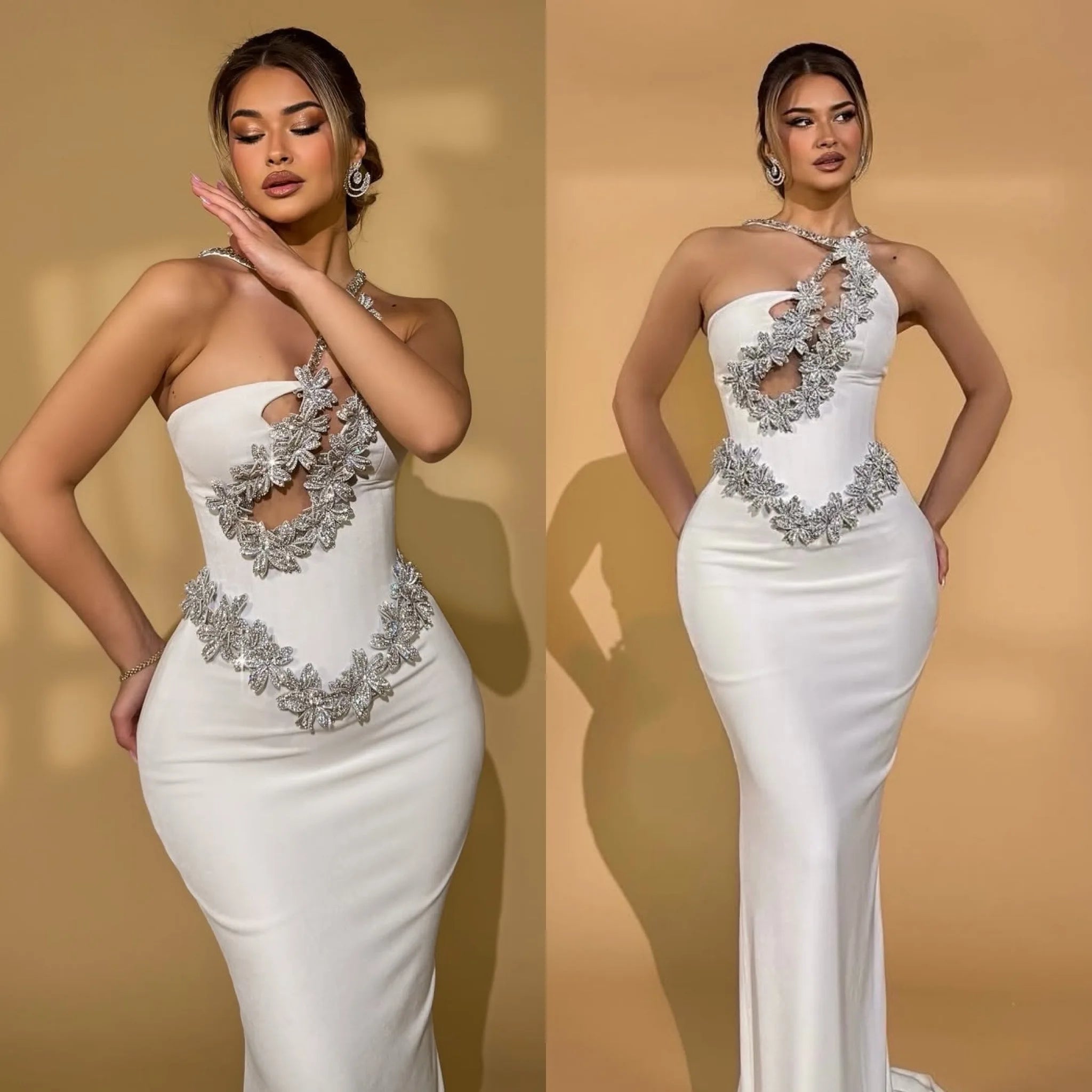 High-Quality Elegant White Off-Shoulder Beaded Hollow Long Wrap Dress Women's Party Gown Fashionable Trendy Bridal Dress