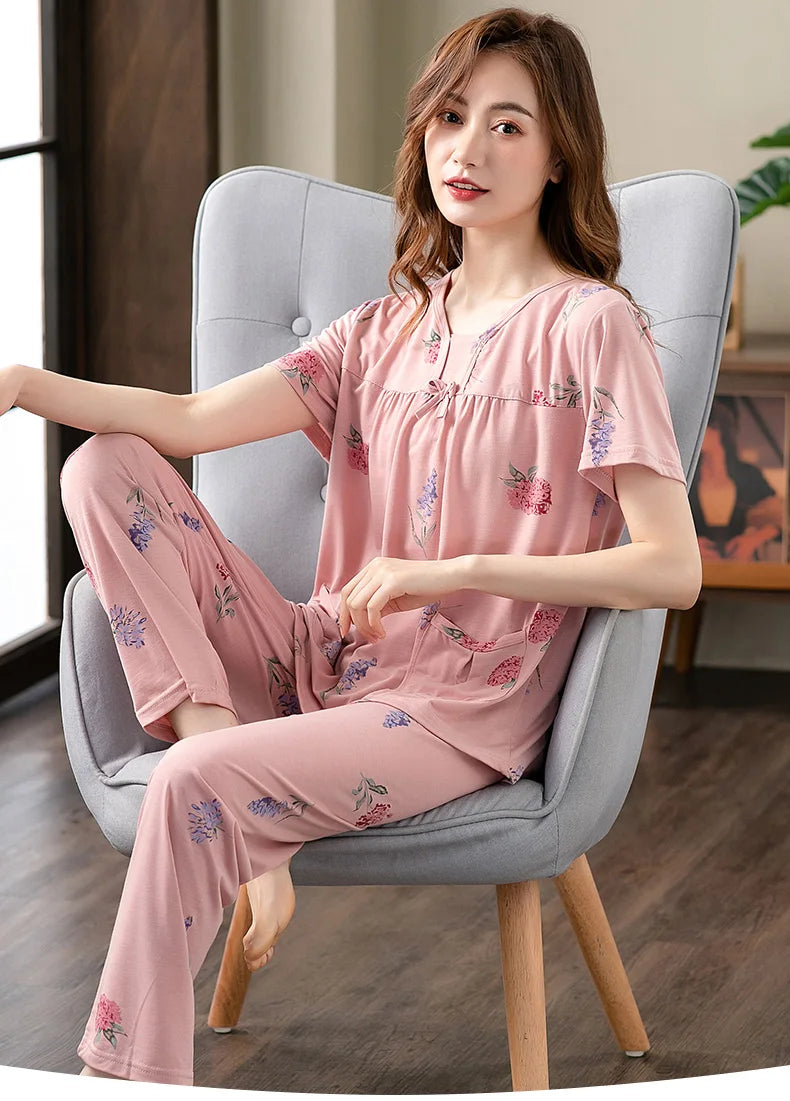 Fashion Summer Small Floral Pyjamas Women Nightgown Big Yards 4XL Sleepshirts Short-Sleeve Nightie Pajama Modal Cotton Sleepwear