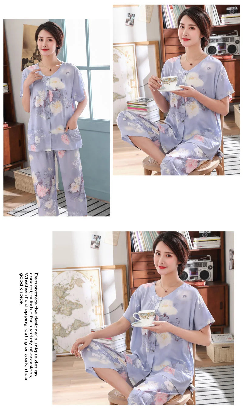 2PC Women Cotton Pajamas Set Summer New Thin Floral Short Sleeve Loose Sleepwear Casual Homewear Female Pyjamas  3XL
