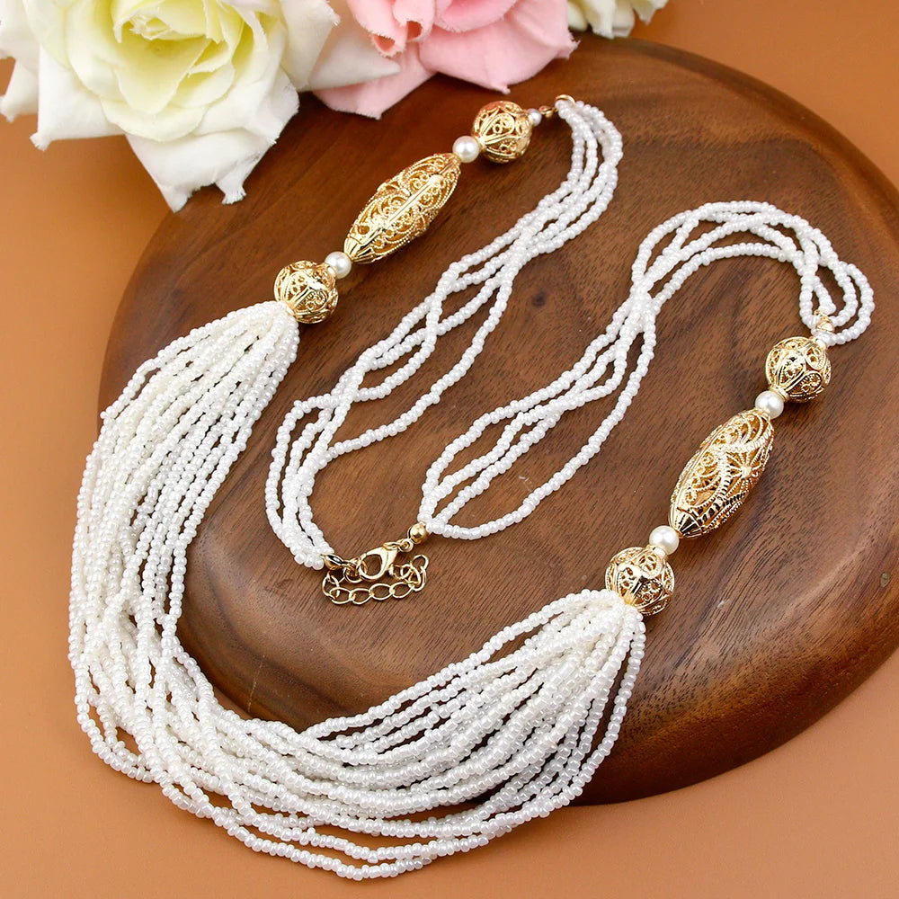 Sunspicems Trendy Moroccan Women Wedding Jewelry Long Beads Necklace Sweater Chain Algeria Handmade Caftan Choker Bride Gift