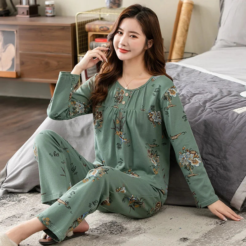 Pajamas Sets Women Floral Cotton Fashion Lace Women Long Sleeve Sleepwear Suit 2 piece Sexy Autumn Home Lounge Gift XXXXL