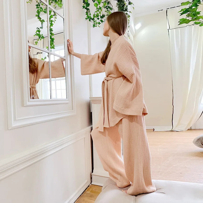 NHKDSASA Kimono Pajamas 2023 New 100% Cotton Crepe Long-Sleeved Trousers Ladies Sleepwear Suit Women's Home Service Mujer