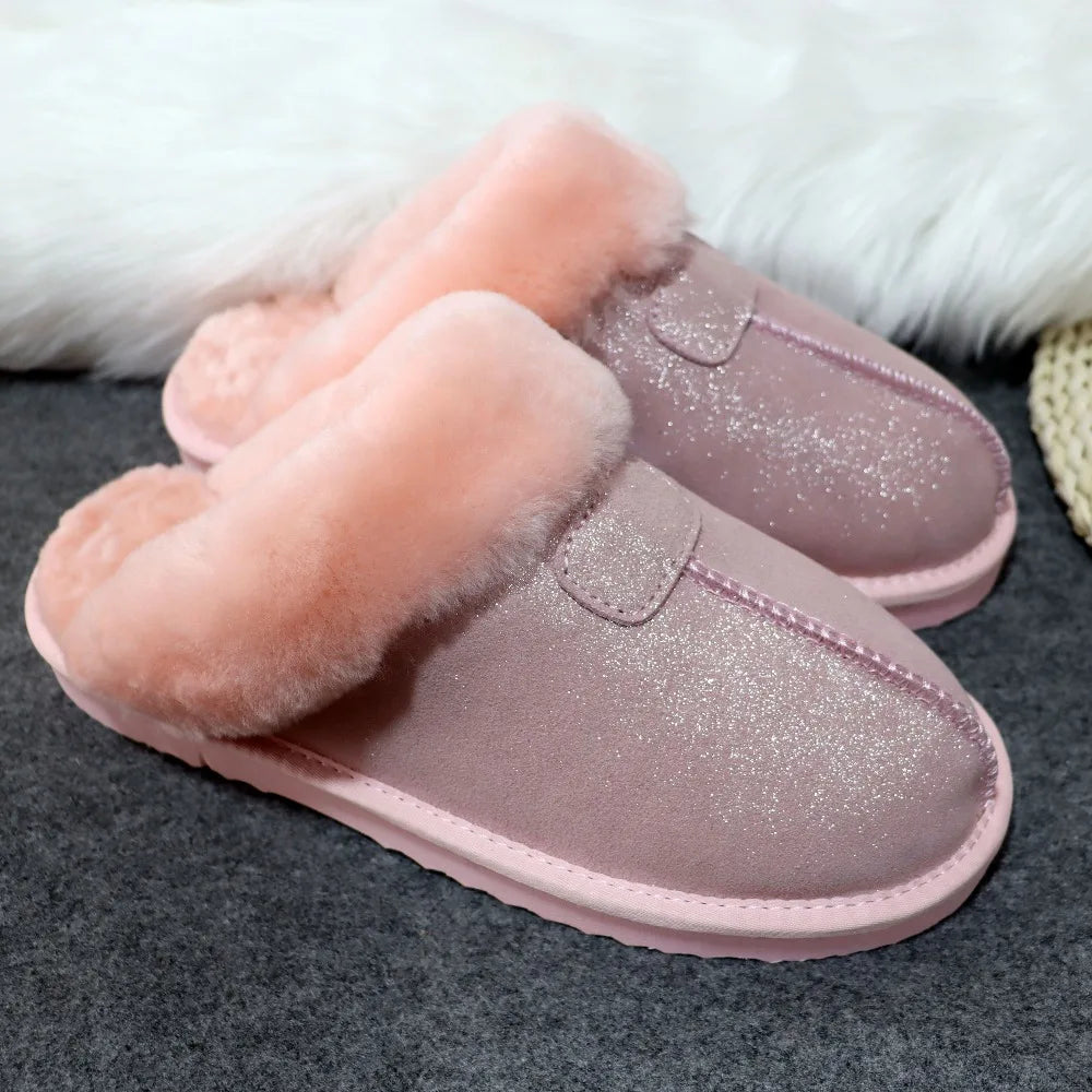Natural Sheepskin Fur Slippers for Women Winter Warm Indoor Soft Wool Home Slippers Female Comfortable Footwear Top Quality 2025