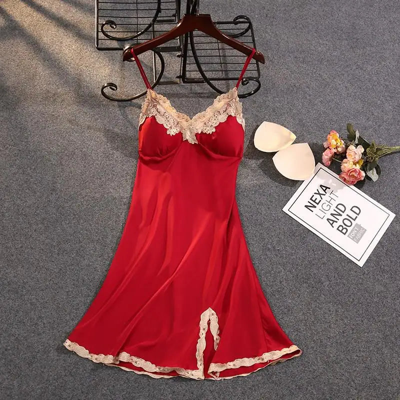 Satin Spaghetti Strap Nightdress Sleepwear Sexy Lace Nightgown Women Intimate Lingerie Nightwear Silky Home Clothes Sleep Dress