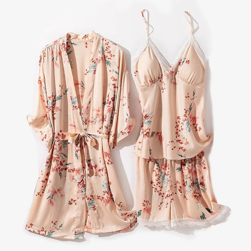 Kimono Robe Gown Print Flower Women Sleepwear Bathrobe Summer Nightgown Casual Silky Nightwear Satin Nightdress Home Clothes