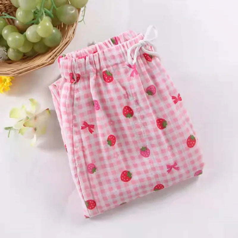 Women's Pure Cotton Pajama Pants Home Pants Double-layer Gauze Elastic Band Loose Casual Pants Cute Strawberry Home Pants 2024