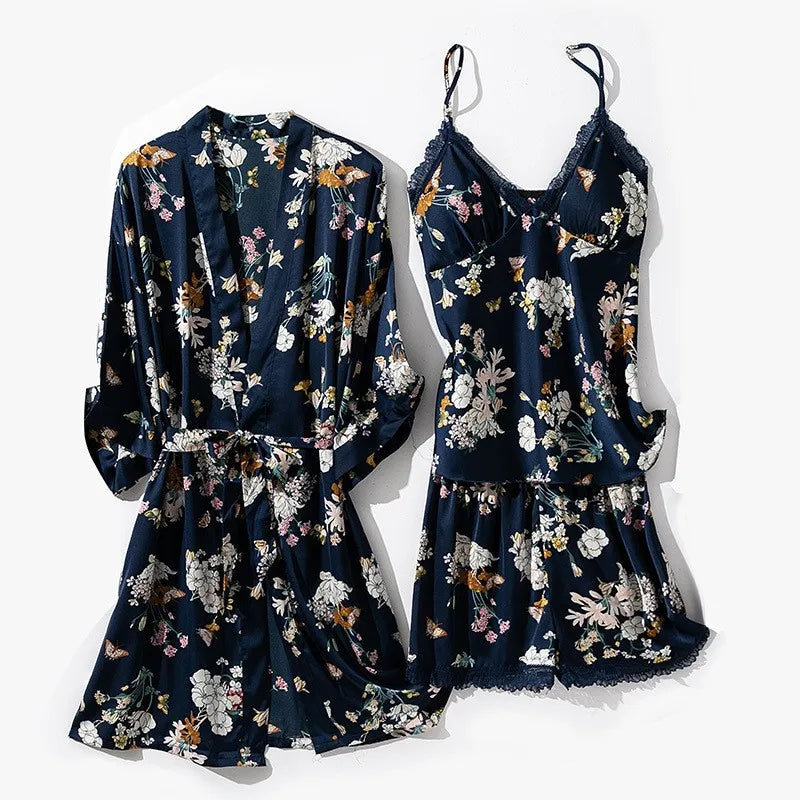 Kimono Robe Gown Print Flower Women Sleepwear Bathrobe Summer Nightgown Casual Silky Nightwear Satin Nightdress Home Clothes