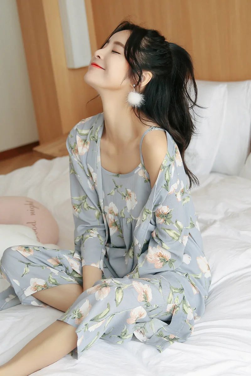 3 Pieces Women Japan Kimono Pajamas Cotton Sleepwear Pijama Soft Home Clothing Floral Printing Sleep Lounge Pyjama Pyjamas Set