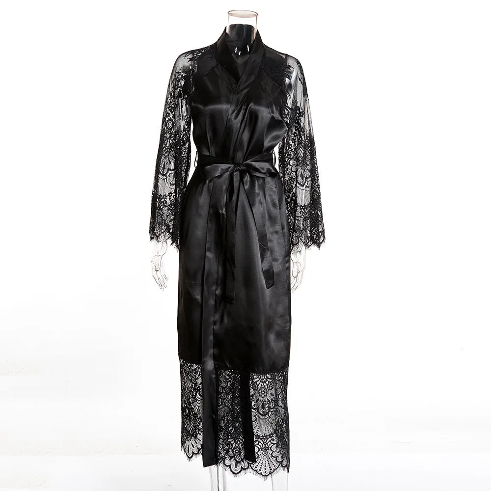HNMCHIEF Women Pajamas Coat Robe Silky Women Floral Bathrobe Kimono Lace Sleep Robe Long Wedding Bridesmaid Silk Bride Summer