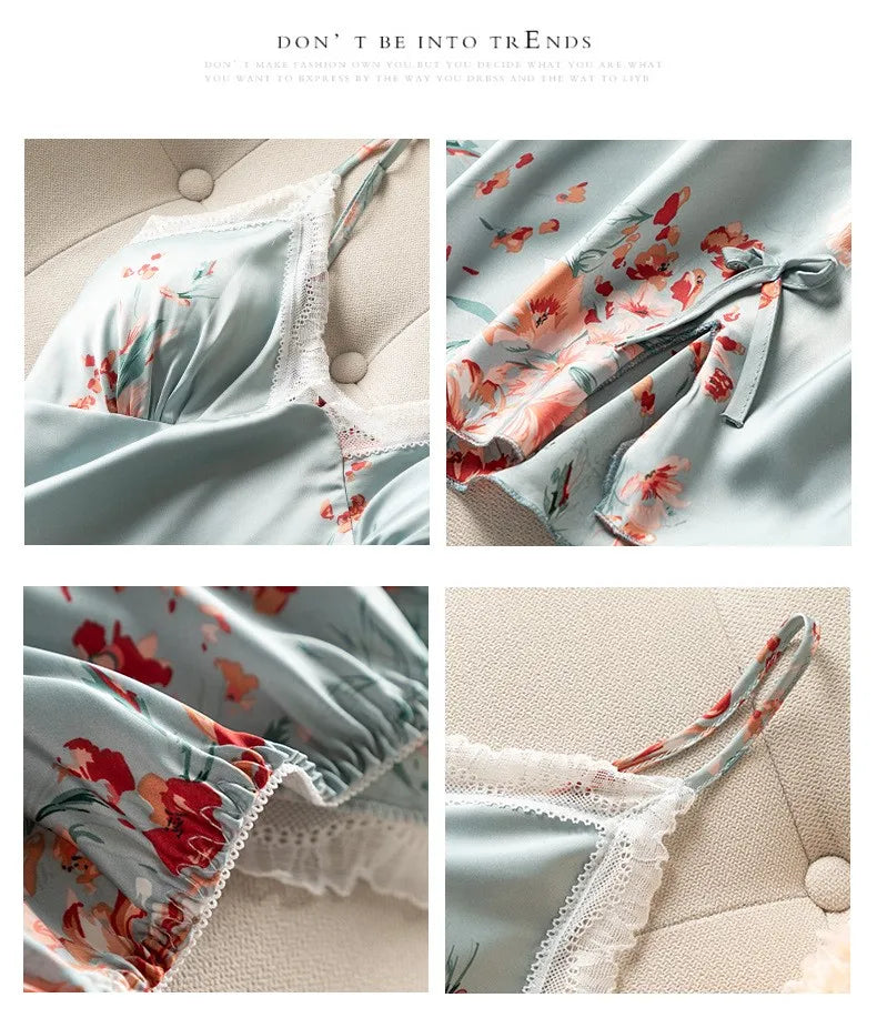 Kimono Robe Gown Print Flower Women Sleepwear Bathrobe Summer Nightgown Casual Silky Nightwear Satin Nightdress Home Clothes