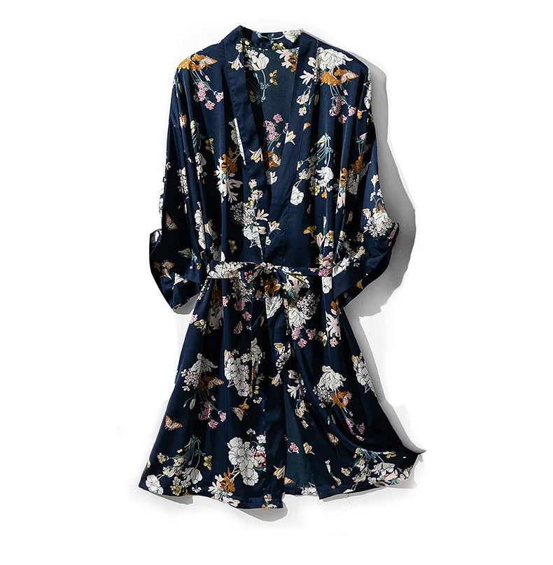 Kimono Robe Gown Print Flower Women Sleepwear Bathrobe Summer Nightgown Casual Silky Nightwear Satin Nightdress Home Clothes