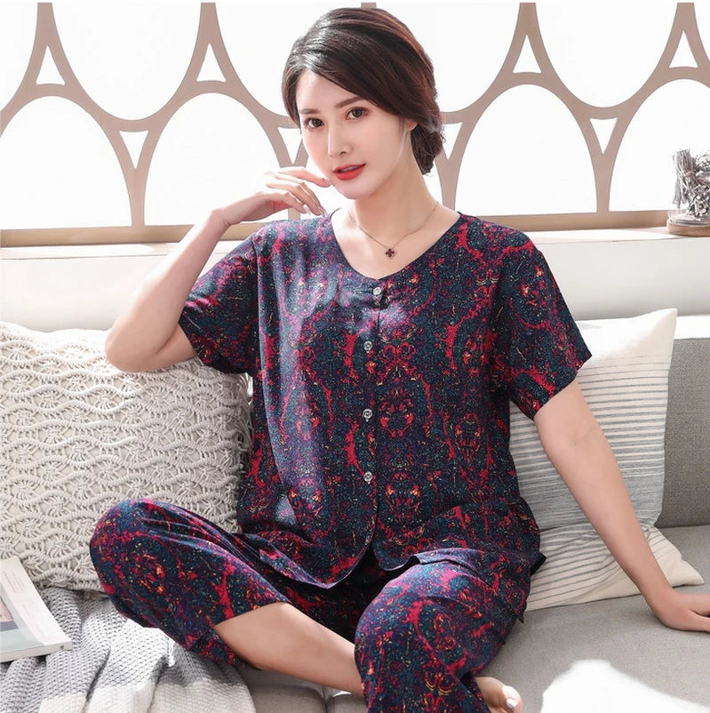 2PC Women Cotton Pajamas Set Summer New Thin Floral Short Sleeve Loose Sleepwear Casual Homewear Female Pyjamas  3XL