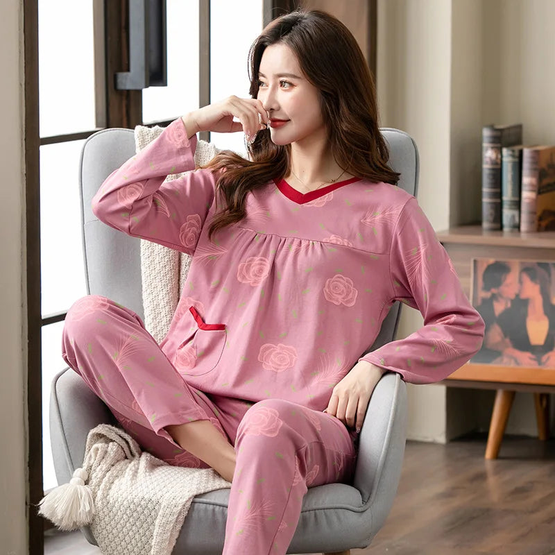 Pajamas Sets Women Floral Cotton Fashion Lace Women Long Sleeve Sleepwear Suit 2 piece Sexy Autumn Home Lounge Gift XXXXL