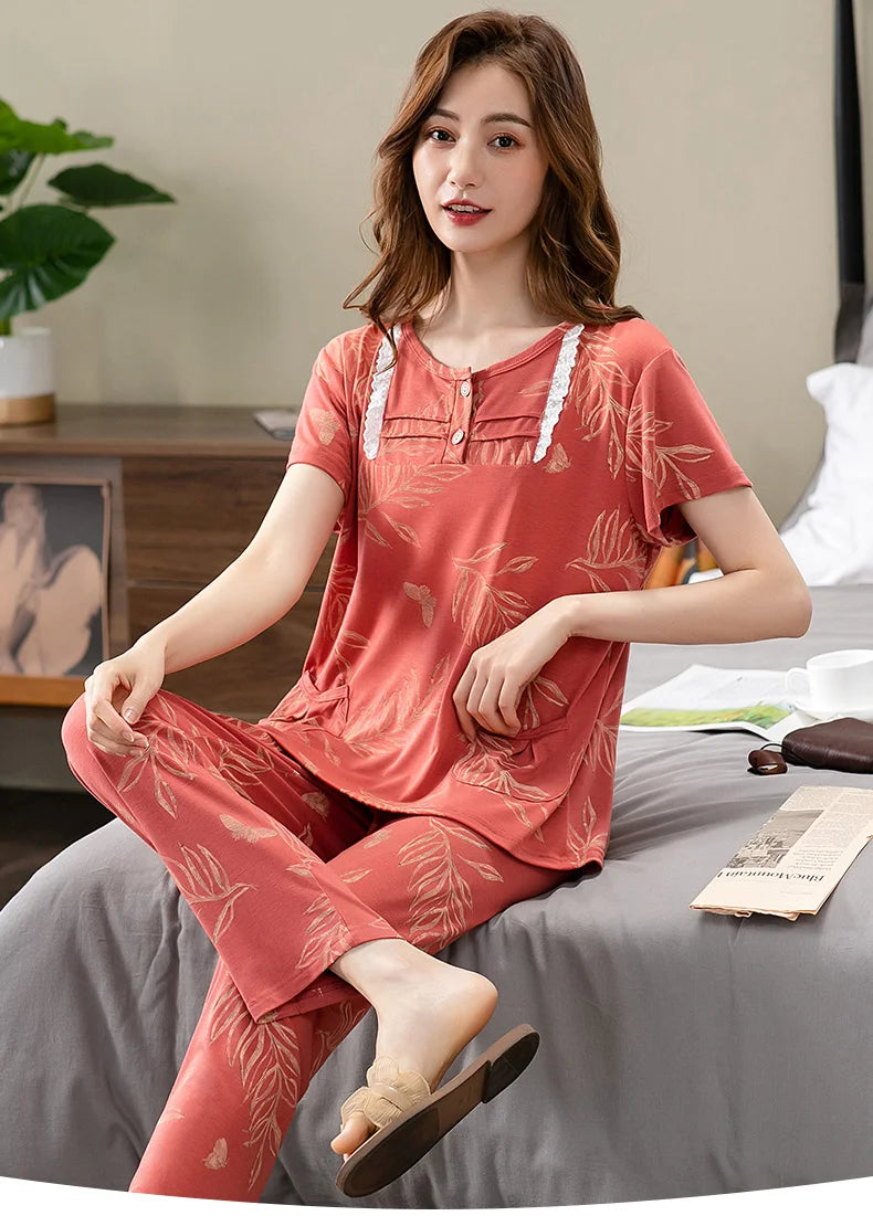Fashion Summer Small Floral Pyjamas Women Nightgown Big Yards 4XL Sleepshirts Short-Sleeve Nightie Pajama Modal Cotton Sleepwear