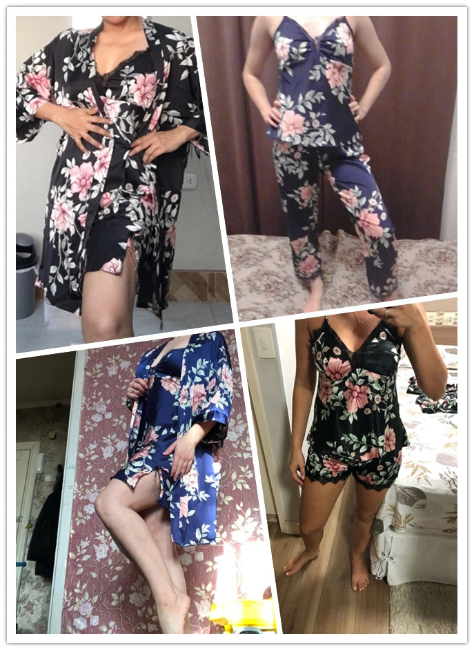 Daeyard Women's Pajamas Silk Floral Overall Print 5Pcs Pajama Set Satin Pyjamas Sexy Lace Pijama Nightie Sleepwear Home Clothes