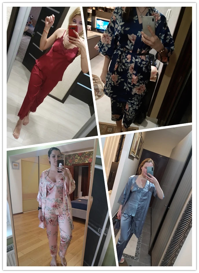 Daeyard Women's Pajamas Silk Floral Overall Print 5Pcs Pajama Set Satin Pyjamas Sexy Lace Pijama Nightie Sleepwear Home Clothes