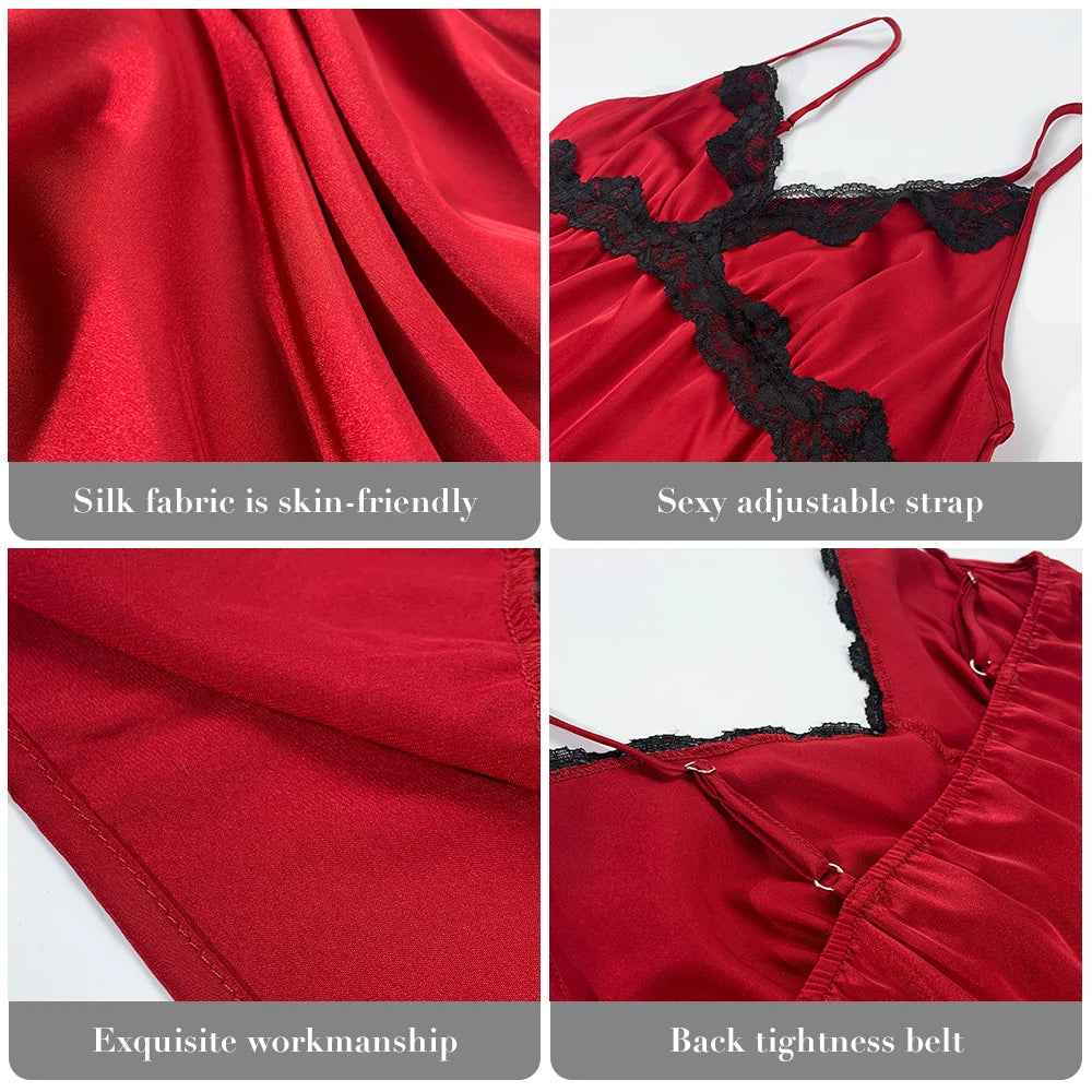 HTTHDD Lace Women Nightdress Satin Spaghetti Straps Flower Embroidery Women Pajamas Fashion Summer Evening Dress Sexy Nightgown