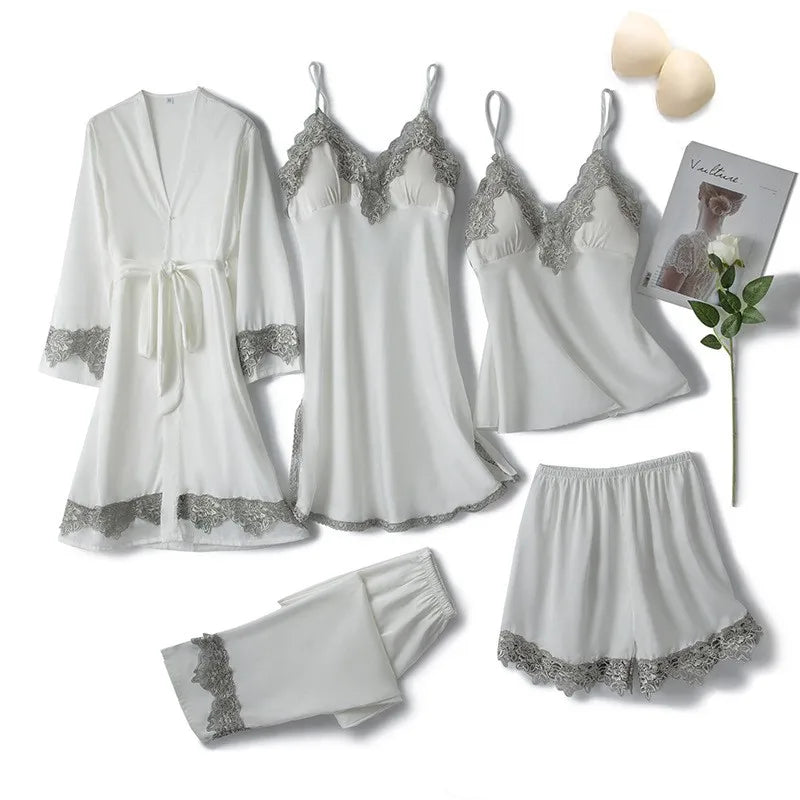 Pink Women Rayon 5PCS Robe Gown Sets Sexy Lace Floral Trim Bride Dressing Sleep Suit Loose Lingerie Pajamas Set Kimono Nightgown