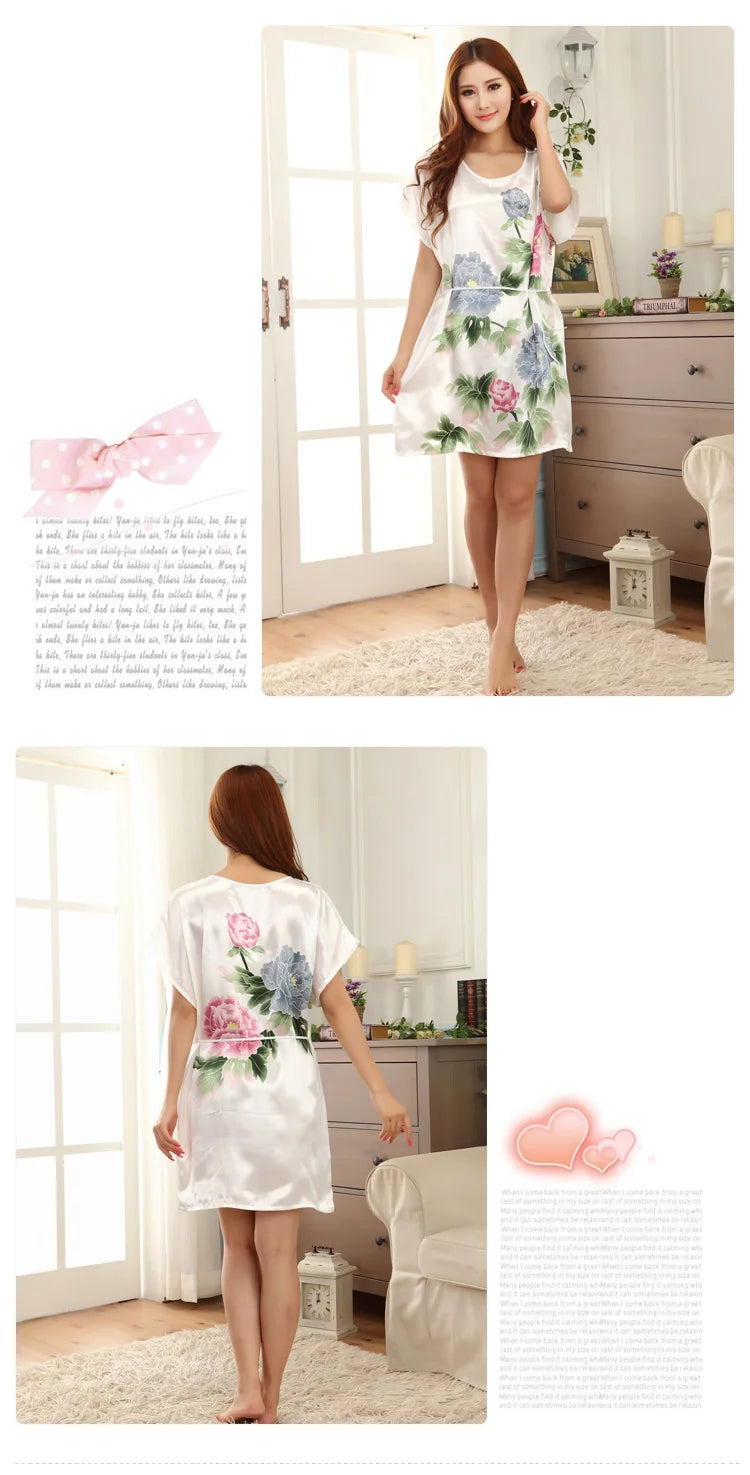 Summer fashion womens nightgown silk satin short-sleeved Korean pyjamas Ethnic flower pattern female nightdress casual tracksuit