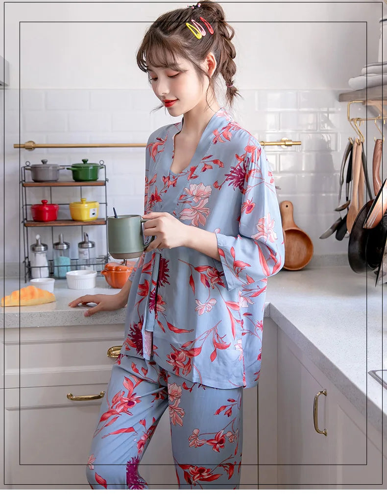 Women Sexy Pajama Sleepwear Sets Floral Printed Pyjama Femme Robe for Ladies Home Suit Spring Summer Nightwear Pijama 3 Pieces