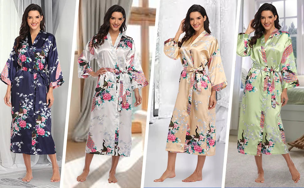 Hot Sale Black Summer Satin Kimono Bathrobe Women Bride Bridesmaid Wedding Robe Dress Gown Sexy Flower Long Sleepwear M-3XL