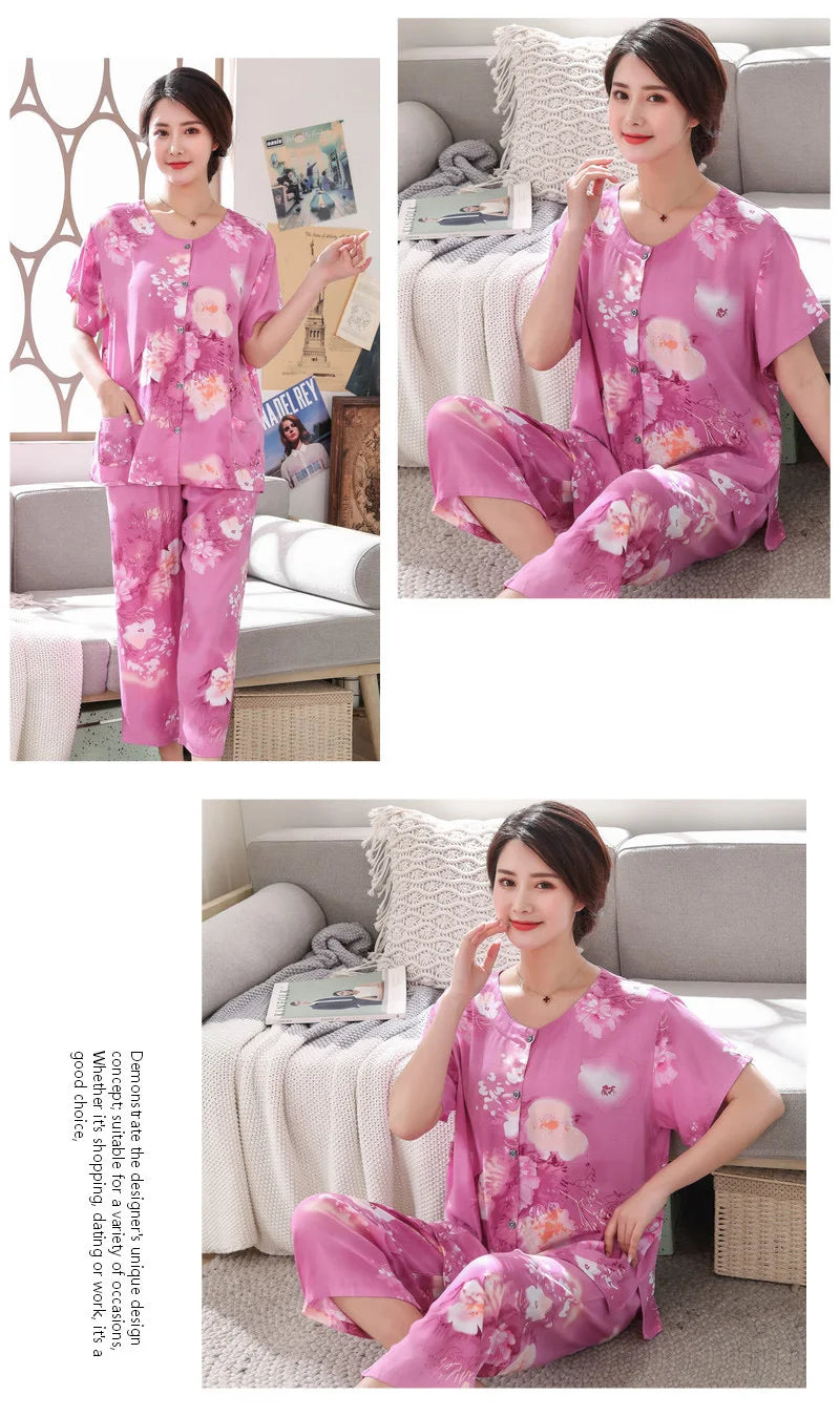 2PC Women Cotton Pajamas Set Summer New Thin Floral Short Sleeve Loose Sleepwear Casual Homewear Female Pyjamas  3XL
