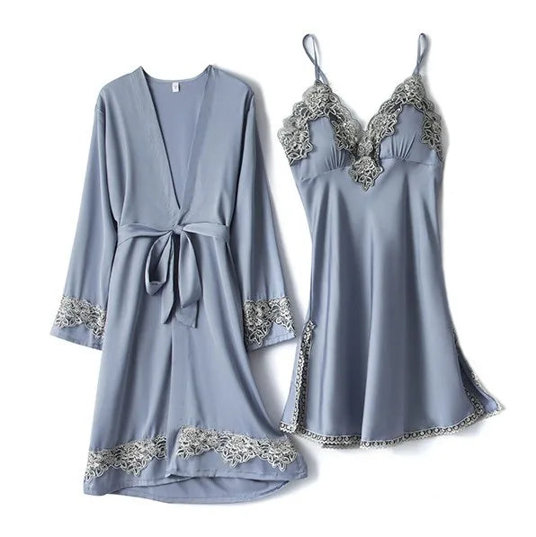 Pink Women Rayon 5PCS Robe Gown Sets Sexy Lace Floral Trim Bride Dressing Sleep Suit Loose Lingerie Pajamas Set Kimono Nightgown
