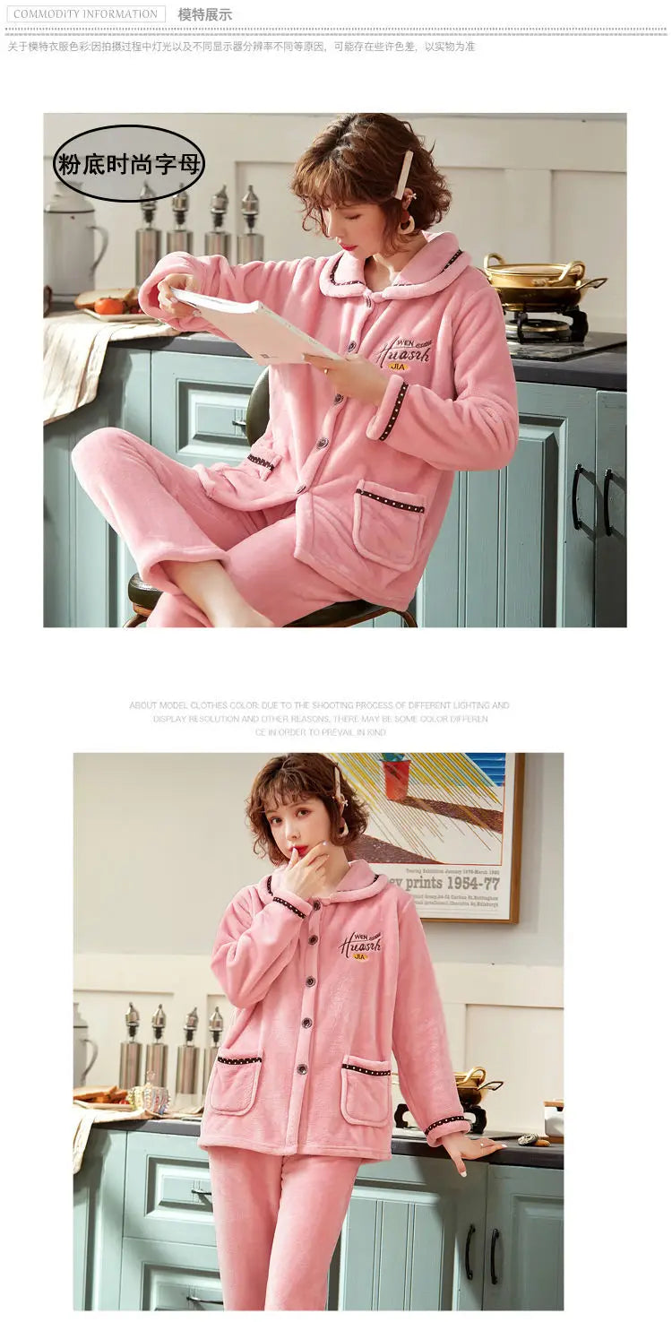 Winter Pajama Sets Women Single Breasted Tops Ankle Length Pants Thicker Cozy Nightwear Flannel Floral Warm Lounge Trendy Casual