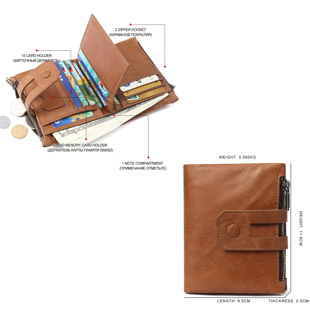 JOGUJOS Crazy Horse Leather Men's Wallet Genuine Leather Men Business Wallet  RFID Men Card Id Holder Coin Purse Travel Wallet