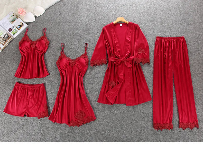 Daeyard Women's Pajamas Silk Floral Overall Print 5Pcs Pajama Set Satin Pyjamas Sexy Lace Pijama Nightie Sleepwear Home Clothes