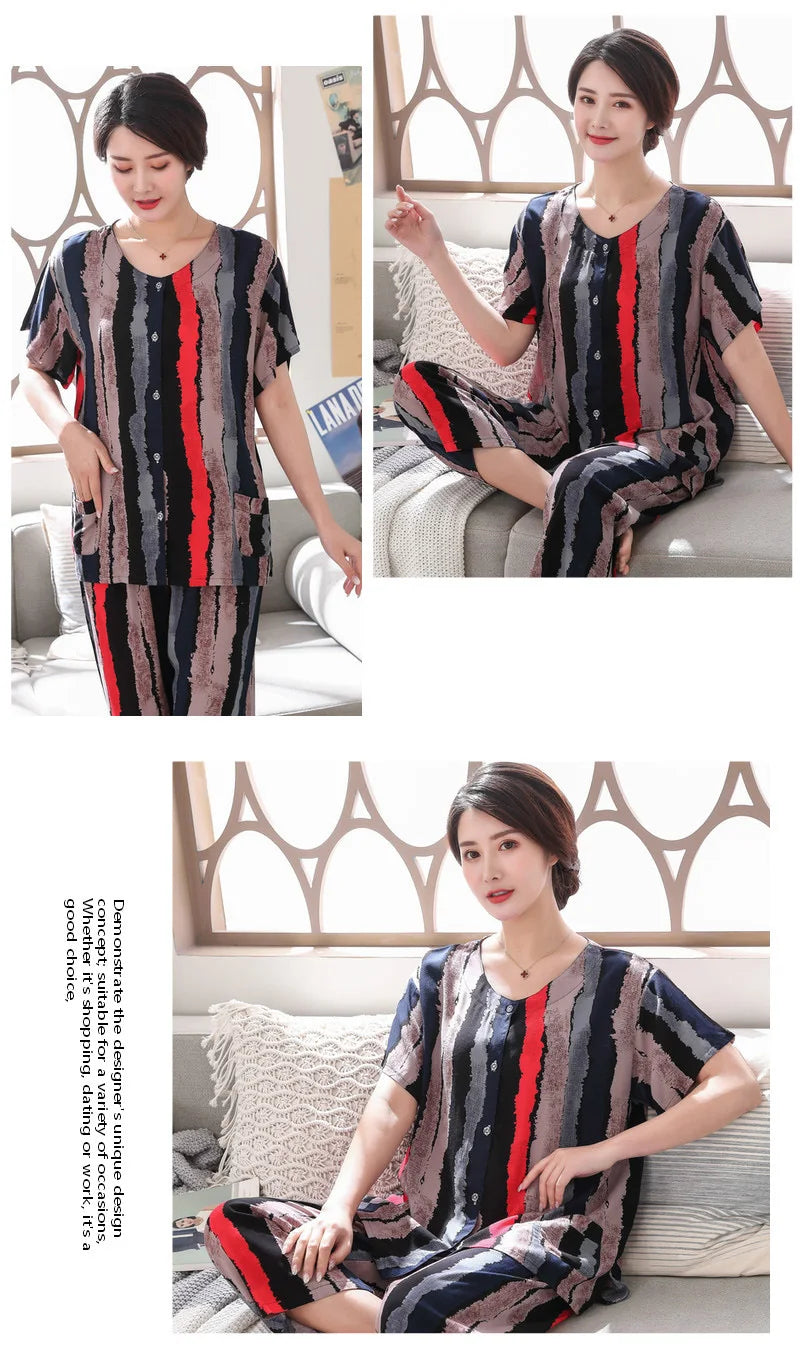 2PC Women Cotton Pajamas Set Summer New Thin Floral Short Sleeve Loose Sleepwear Casual Homewear Female Pyjamas  3XL