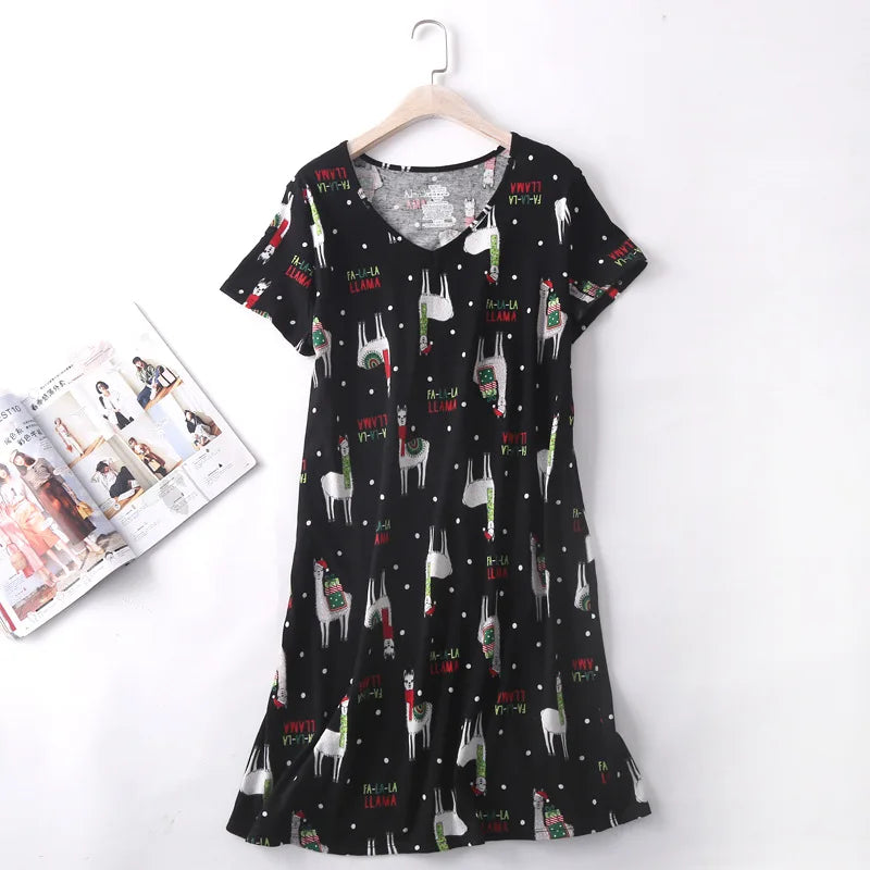 Brand Designer Homewear Women Casual Cartoon Nightgown Ladies Cotton Nightdress Female Round Collar High Quality Sleep Dress