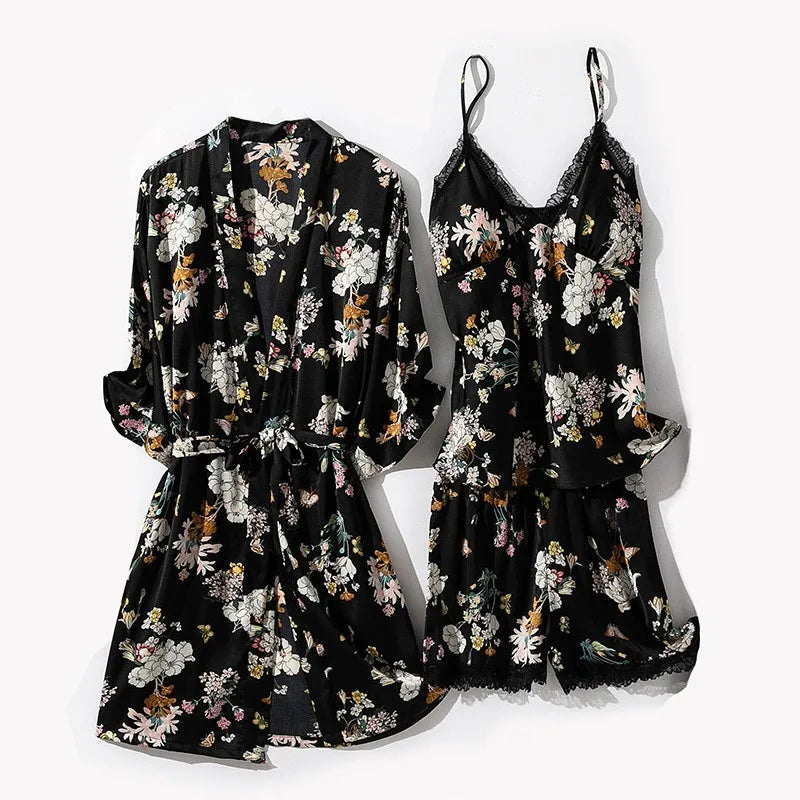 Kimono Robe Gown Print Flower Women Sleepwear Bathrobe Summer Nightgown Casual Silky Nightwear Satin Nightdress Home Clothes