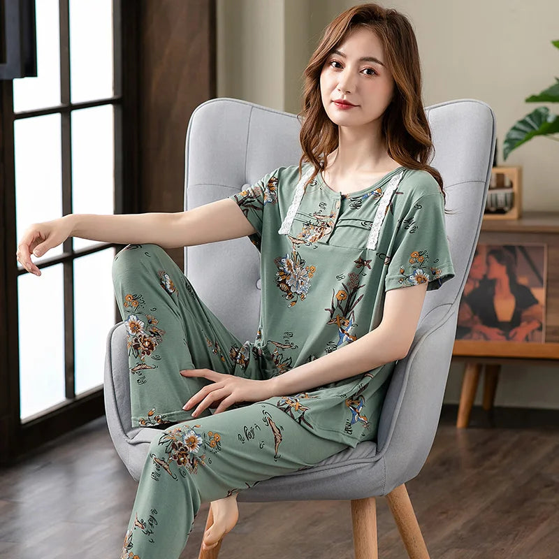 Fashion Summer Small Floral Pyjamas Women Nightgown Big Yards 4XL Sleepshirts Short-Sleeve Nightie Pajama Modal Cotton Sleepwear