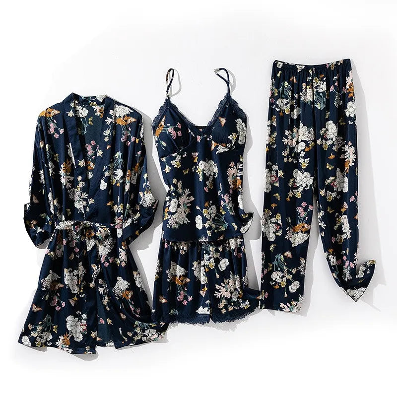 Kimono Robe Gown Print Flower Women Sleepwear Bathrobe Summer Nightgown Casual Silky Nightwear Satin Nightdress Home Clothes
