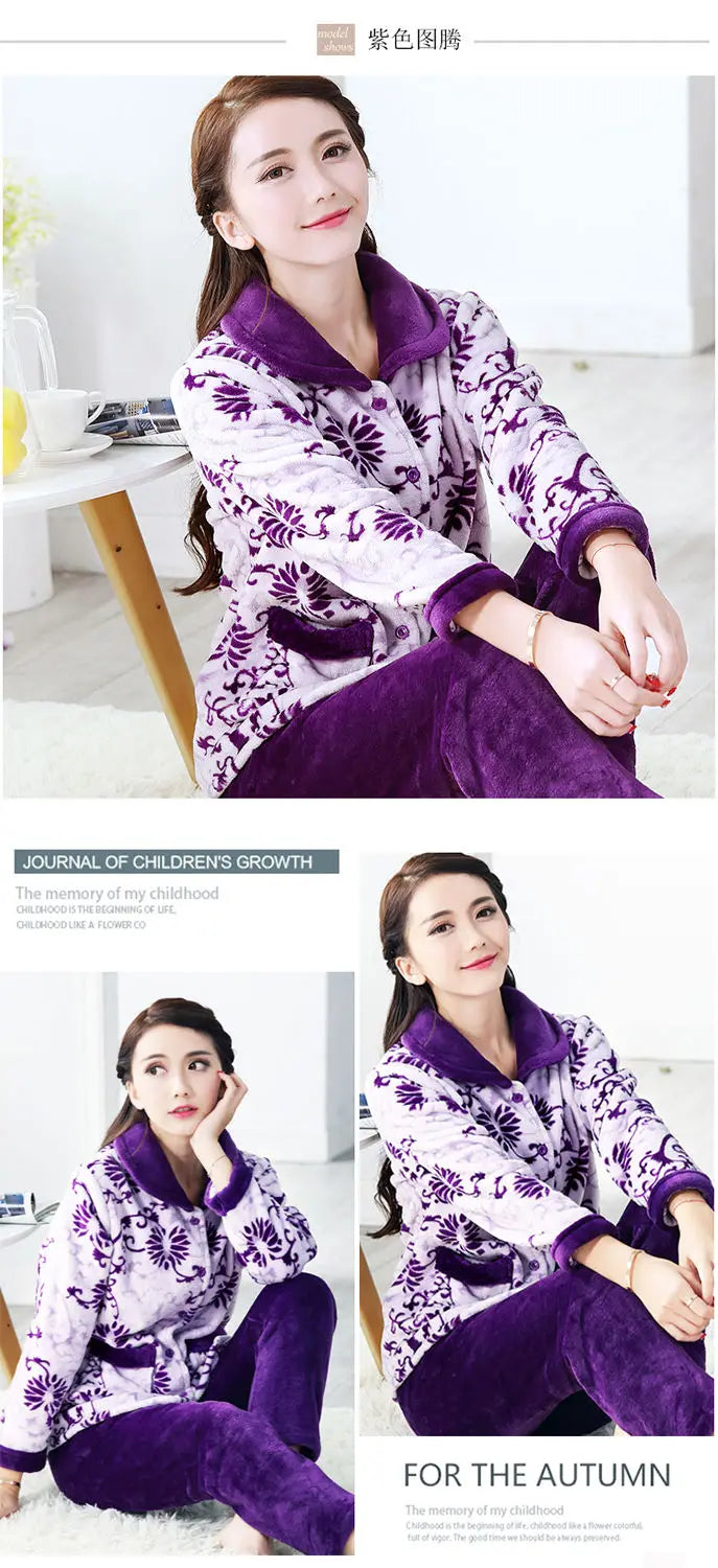 Winter Pajama Sets Women Single Breasted Tops Ankle Length Pants Thicker Cozy Nightwear Flannel Floral Warm Lounge Trendy Casual