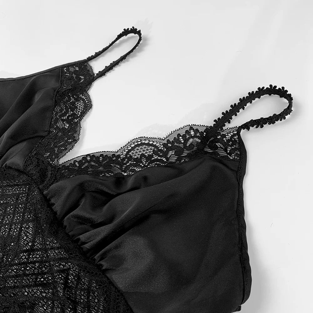 HTTHDD Lace Women Nightdress Satin Spaghetti Straps Flower Embroidery Women Pajamas Fashion Summer Evening Dress Sexy Nightgown