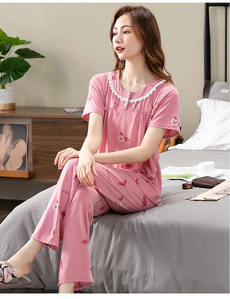 Fashion Summer Small Floral Pyjamas Women Nightgown Big Yards 4XL Sleepshirts Short-Sleeve Nightie Pajama Modal Cotton Sleepwear