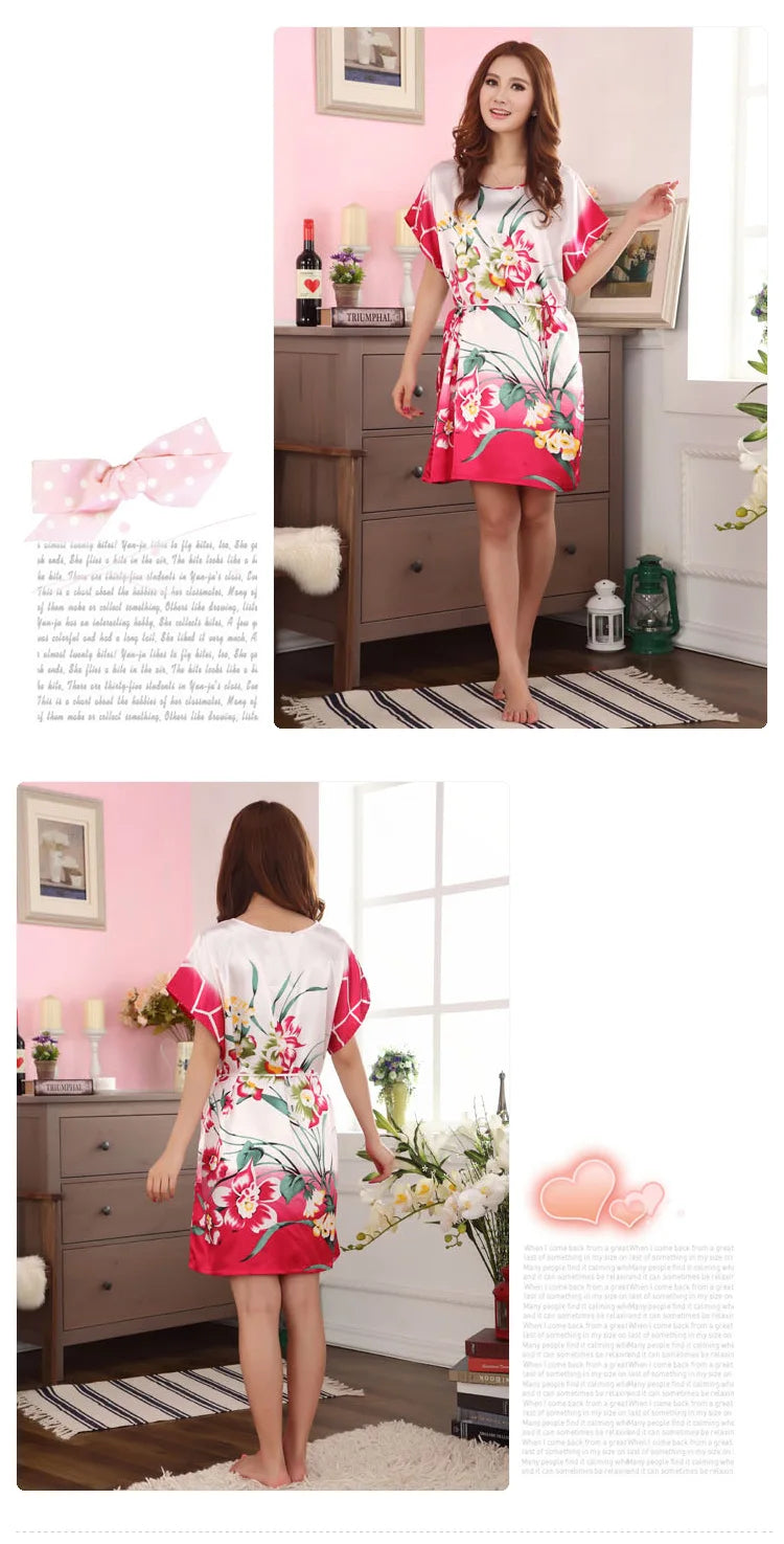 Summer fashion womens nightgown silk satin short-sleeved Korean pyjamas Ethnic flower pattern female nightdress casual tracksuit