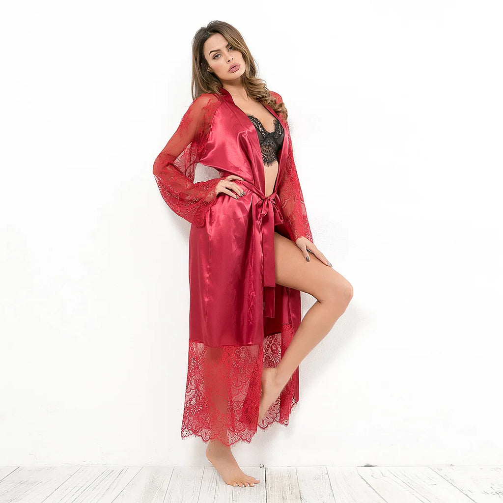 HNMCHIEF Women Pajamas Coat Robe Silky Women Floral Bathrobe Kimono Lace Sleep Robe Long Wedding Bridesmaid Silk Bride Summer