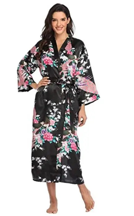 Hot Sale Black Summer Satin Kimono Bathrobe Women Bride Bridesmaid Wedding Robe Dress Gown Sexy Flower Long Sleepwear M-3XL