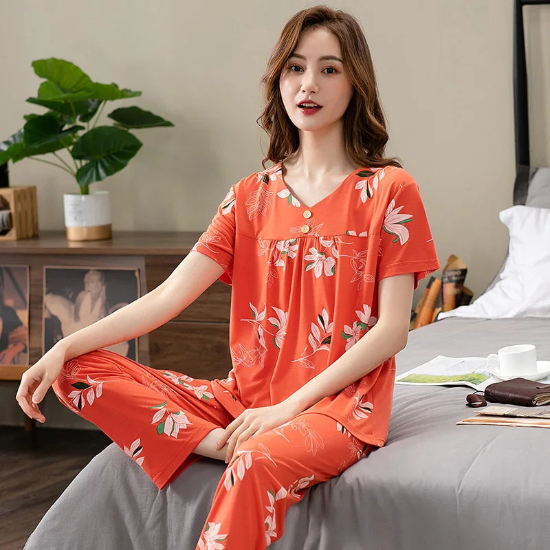 Fashion Summer Small Floral Pyjamas Women Nightgown Big Yards 4XL Sleepshirts Short-Sleeve Nightie Pajama Modal Cotton Sleepwear