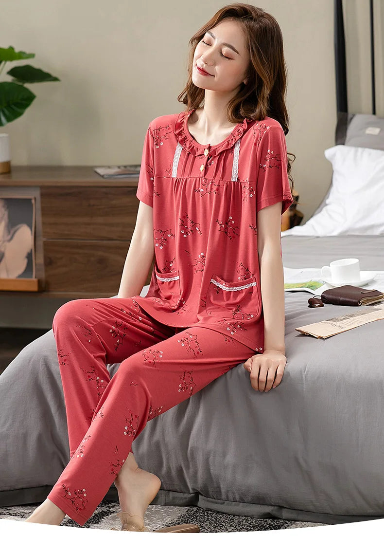 Fashion Summer Small Floral Pyjamas Women Nightgown Big Yards 4XL Sleepshirts Short-Sleeve Nightie Pajama Modal Cotton Sleepwear
