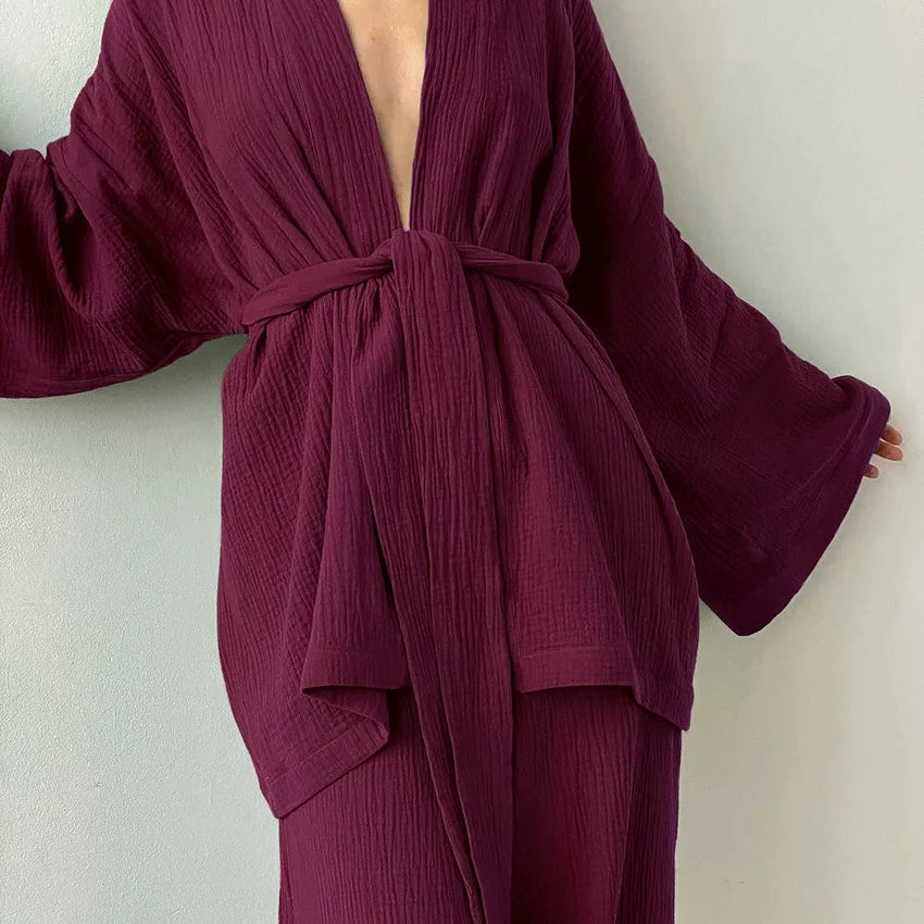 NHKDSASA Kimono Pajamas 2023 New 100% Cotton Crepe Long-Sleeved Trousers Ladies Sleepwear Suit Women's Home Service Mujer
